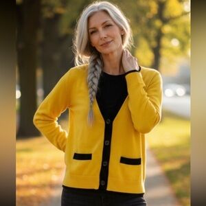 TORY BURCH Cardigan Sweater Yellow Navy Blue Merino Wool Simone Madison Knit